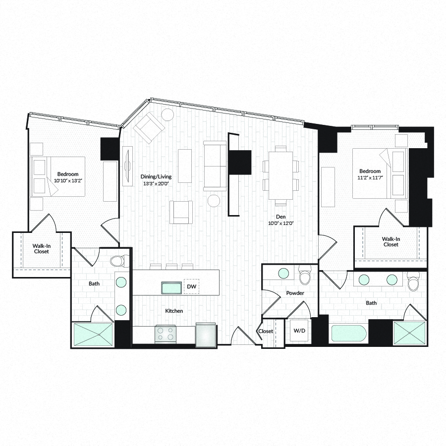 Floor plan for 2 beds, 2.5 baths, 1410 sqft